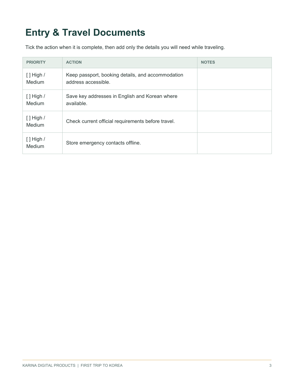 Sample entry and travel documents checklist page