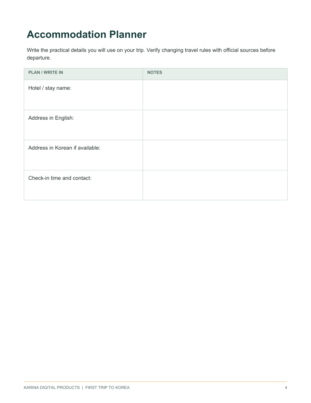 Sample accommodation planning worksheet