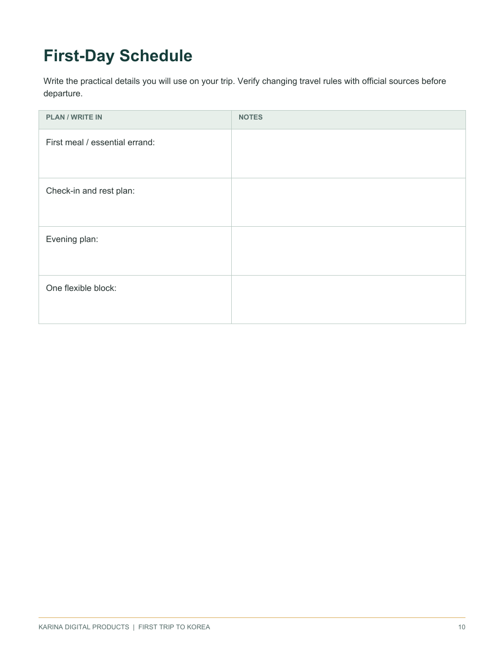 Sample first-day schedule worksheet